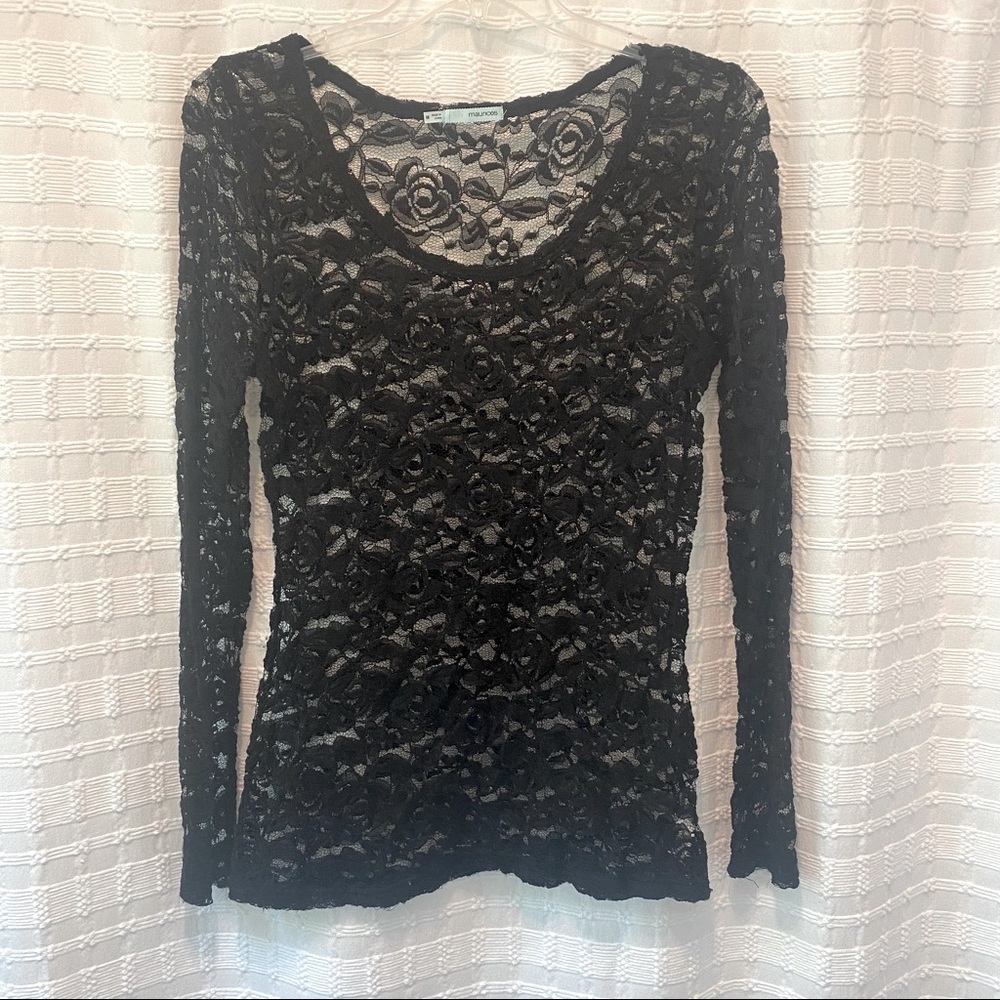 M Sheer Black Lace Long Sleeve Shirt